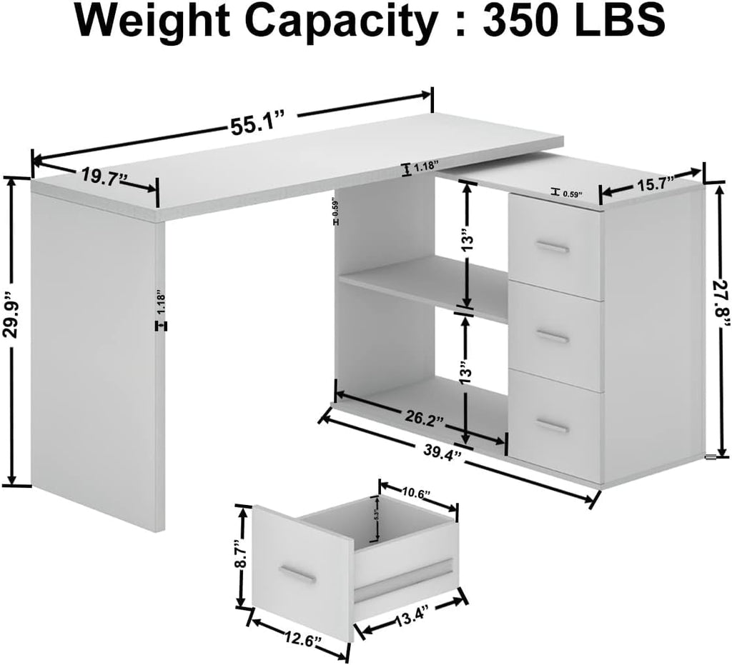 White L Shaped Corner Desk with 3 Drawers 55 inch K652907