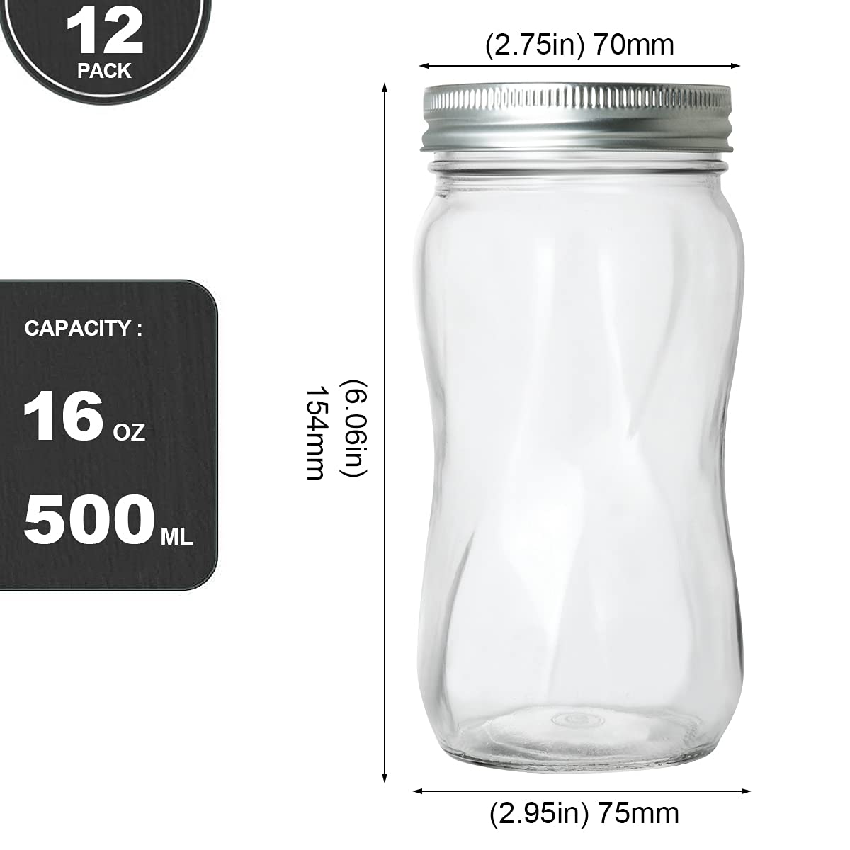 16oz Regular Mouth Mason Jars 12 Pack with Lids & Bands E680608