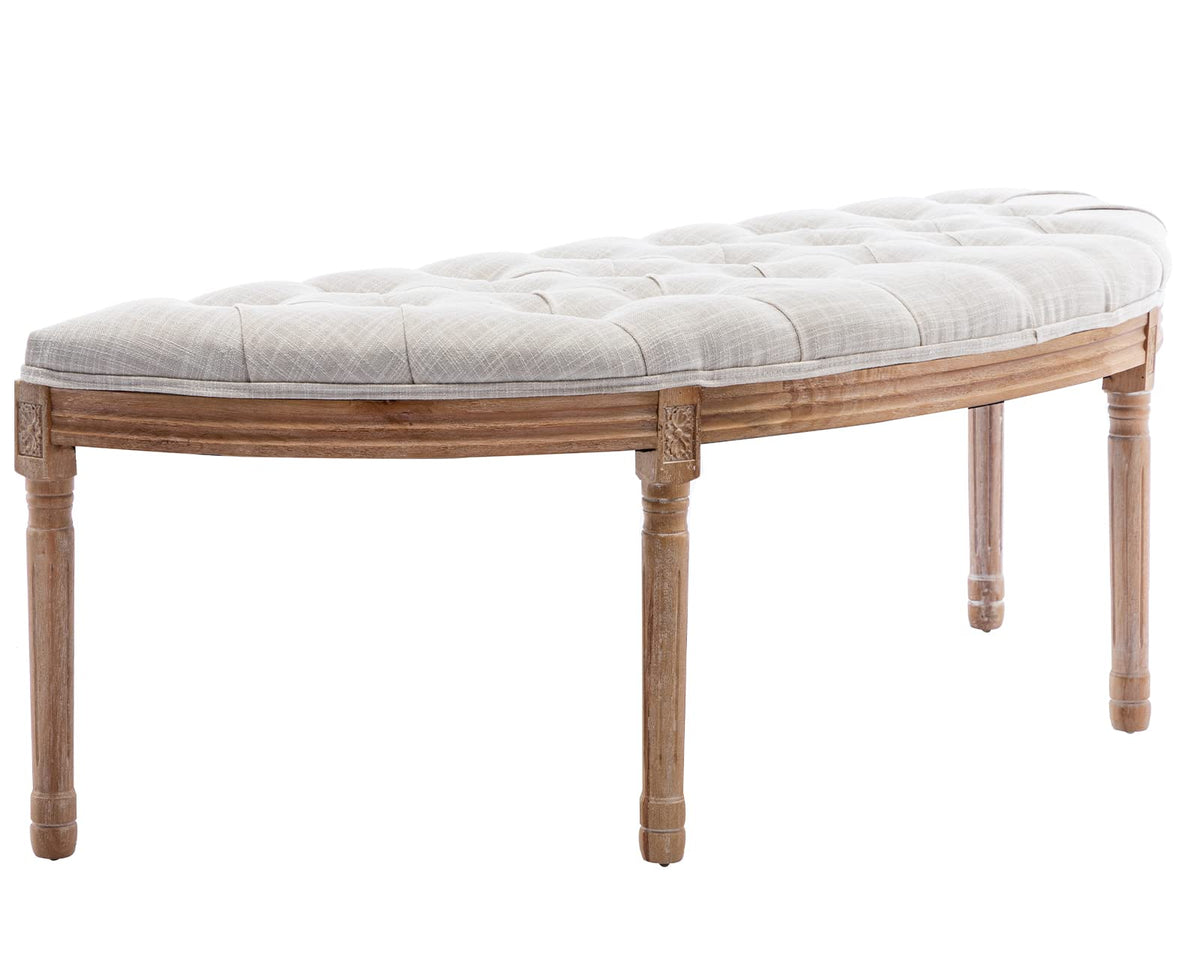 55" Upholstered Tufted Fabric Bench with Rubber Wood Legs, Beige T236433