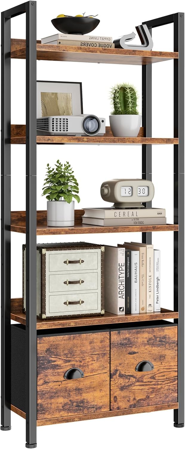5-Tier Tall Bookshelf with 2 Fabric Drawers P413