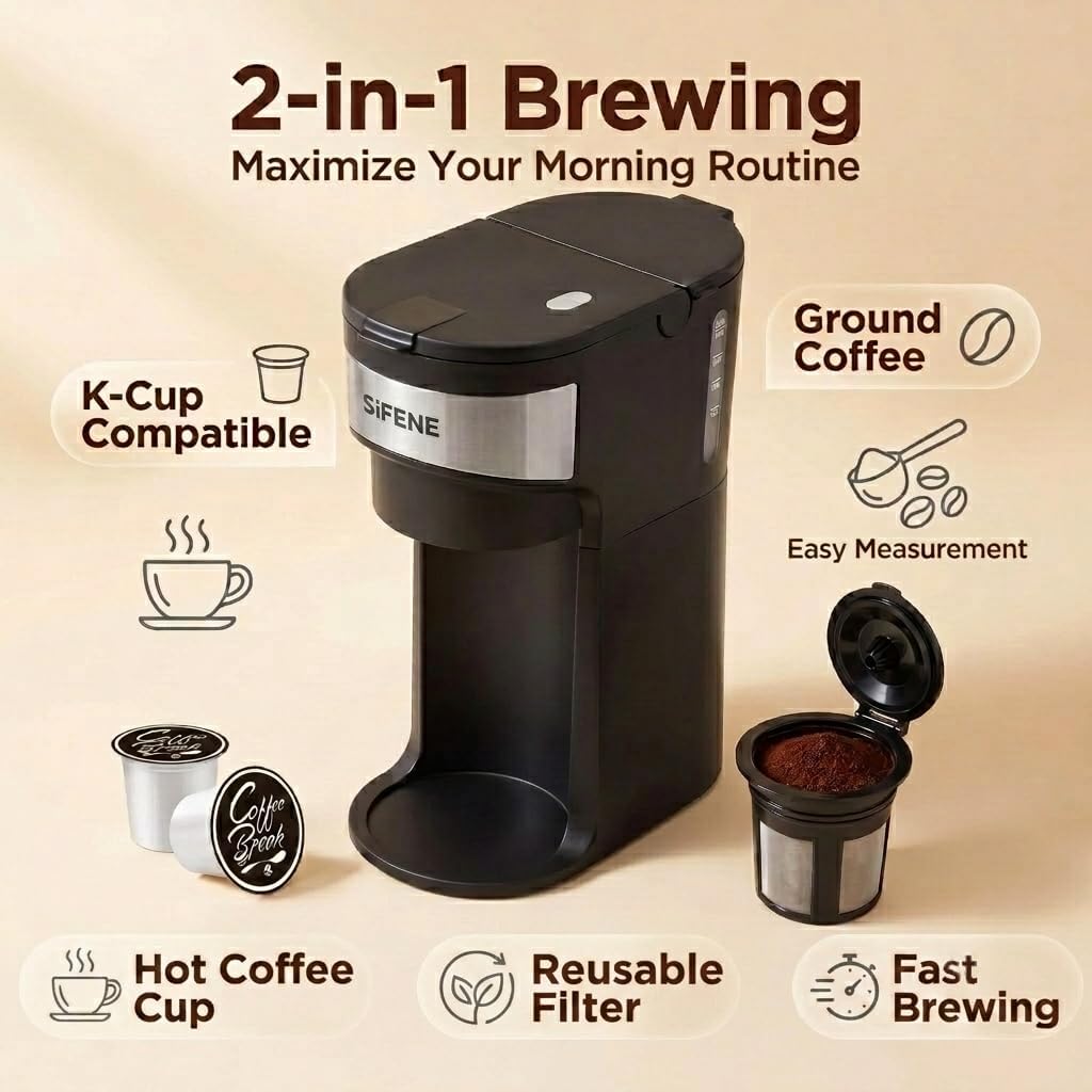 Single Serve Coffee Maker, K-Cup & Ground, Mini, BPA Free, Black T271139