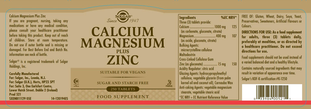 Calcium Magnesium Plus Zinc 250 Tablets N3536