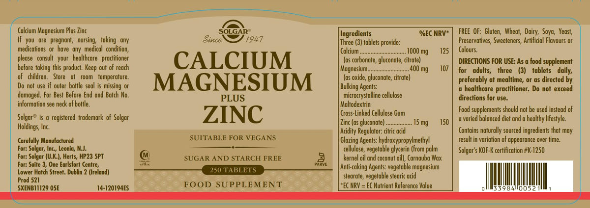 Calcium Magnesium Plus Zinc 250 Tablets N3536