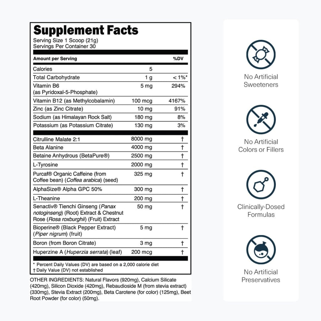 Sugar Free Pre Workout with Beta Alanine, Citrulline Malate & Caffeine, 30 Servings W81391