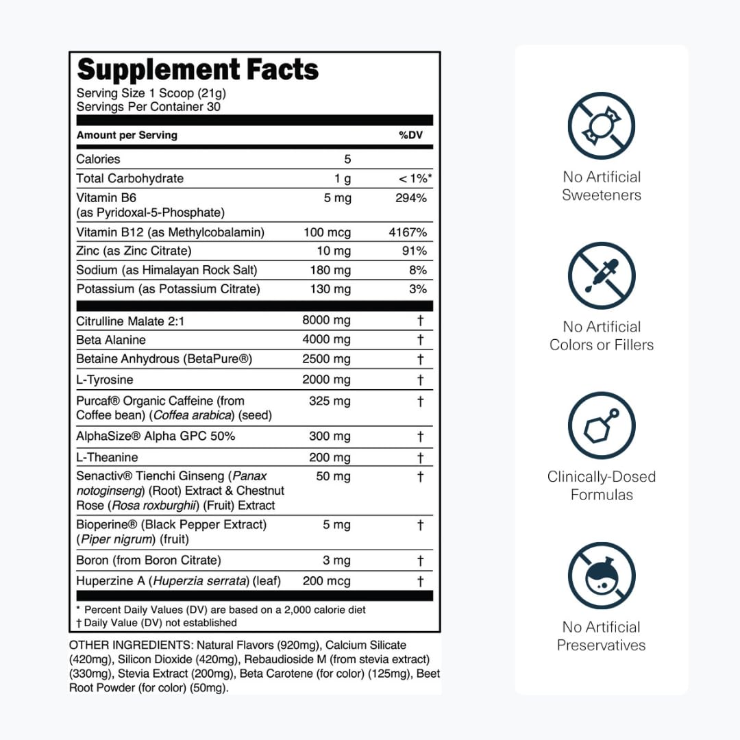 Sugar Free Pre Workout with Beta Alanine, Citrulline Malate & Caffeine, 30 Servings W81391