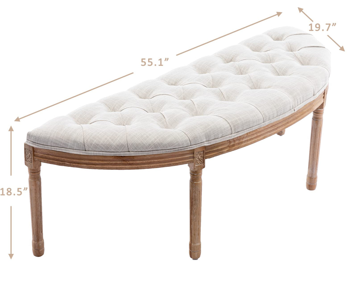 55" Upholstered Tufted Fabric Bench with Rubber Wood Legs, Beige T236433
