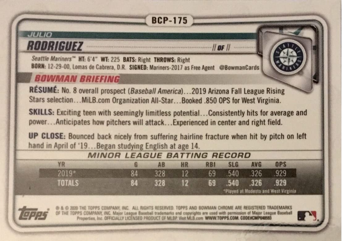 2020 Bowman Chrome Prospects Julio Rodriguez Refractor Baseball Rookie Card G625