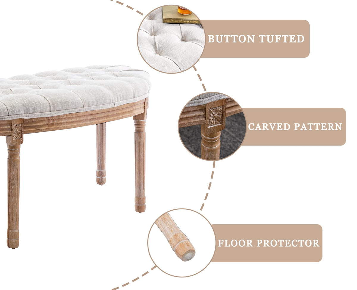 55" Upholstered Tufted Fabric Bench with Rubber Wood Legs, Beige T236433