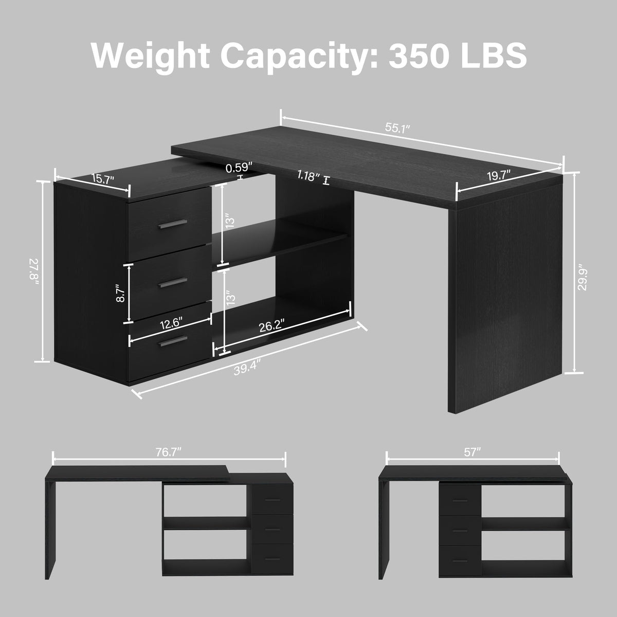 Black L Shaped Corner Desk with Storage Drawers R489