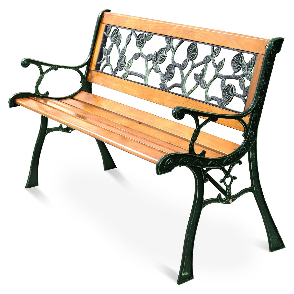 Outdoor Garden Bench with Rose Cast Backrest and Metal Legs S431