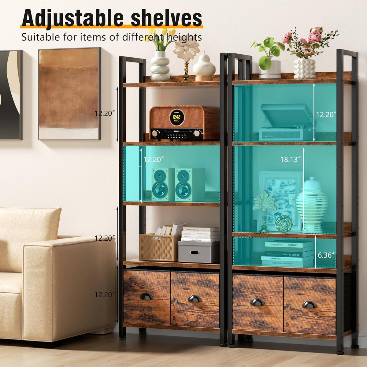 5-Tier Tall Bookshelf with 2 Fabric Drawers P413