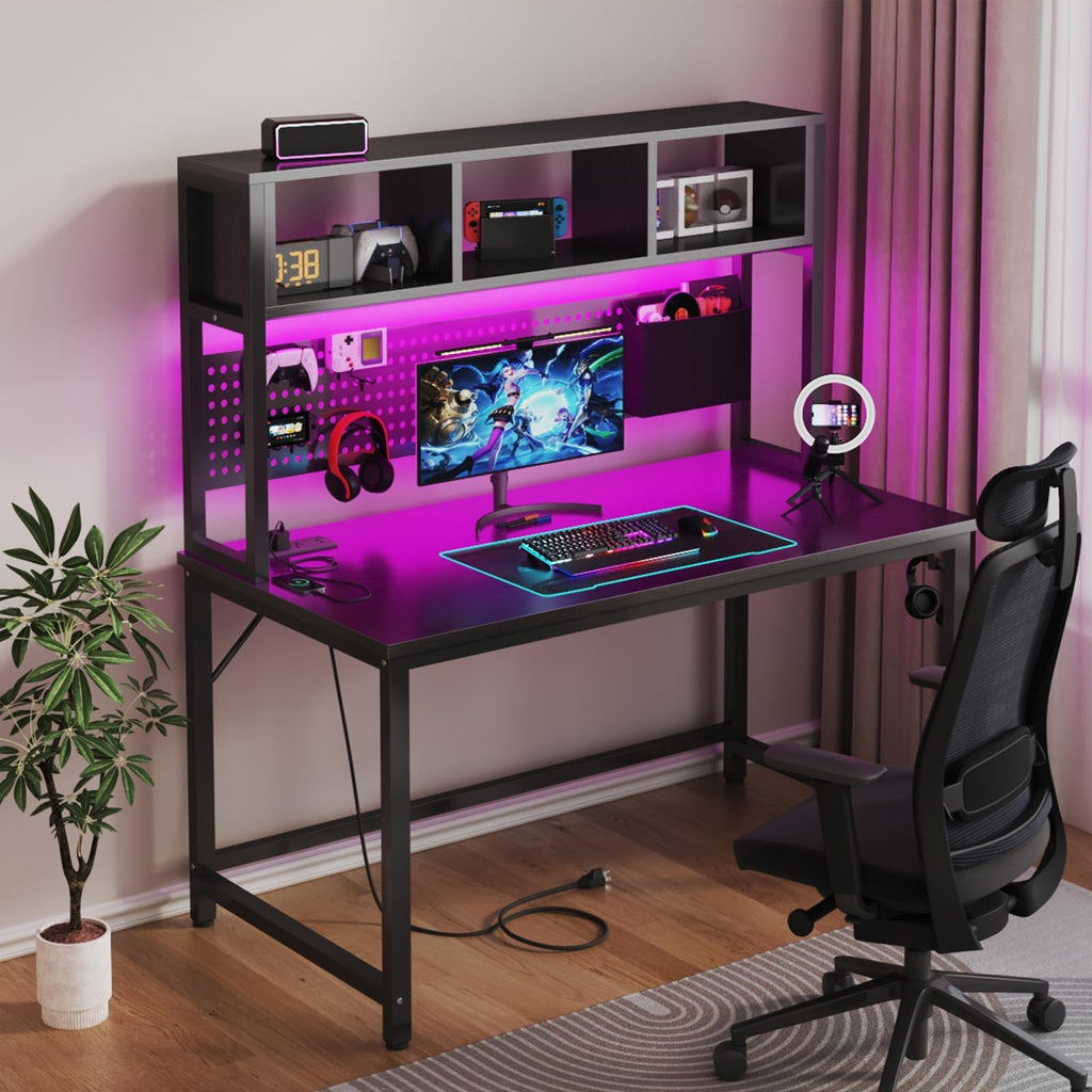 Black 47 Inch Gaming Desk with Hutch and Pegboard I518812
