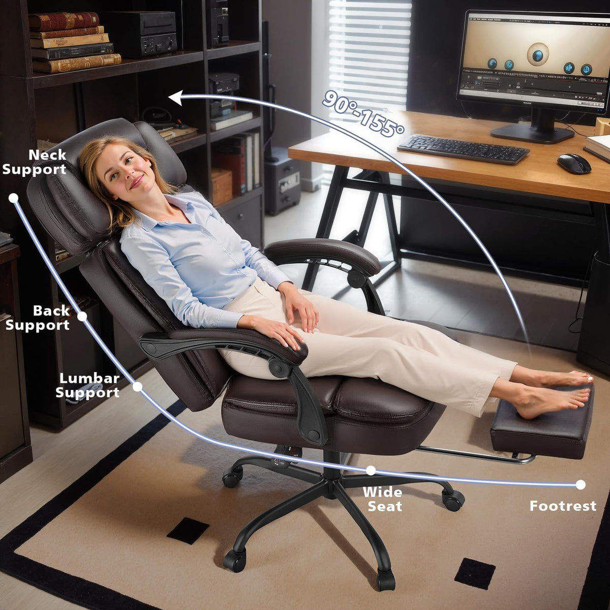 Brown 400lbs Ergonomic PU Leather Office Chair with Foot Rest N964