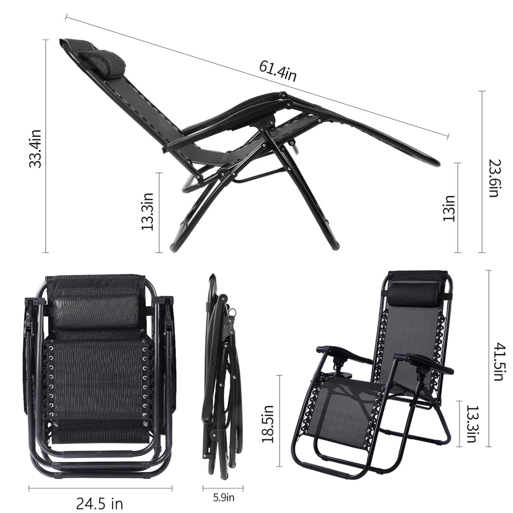 Black Adjustable Steel Mesh Zero Gravity Lounge Chair with Pillow and Cup Holder G626