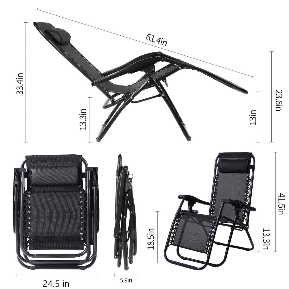 Black Adjustable Steel Mesh Zero Gravity Lounge Chair with Pillow and Cup Holder G626