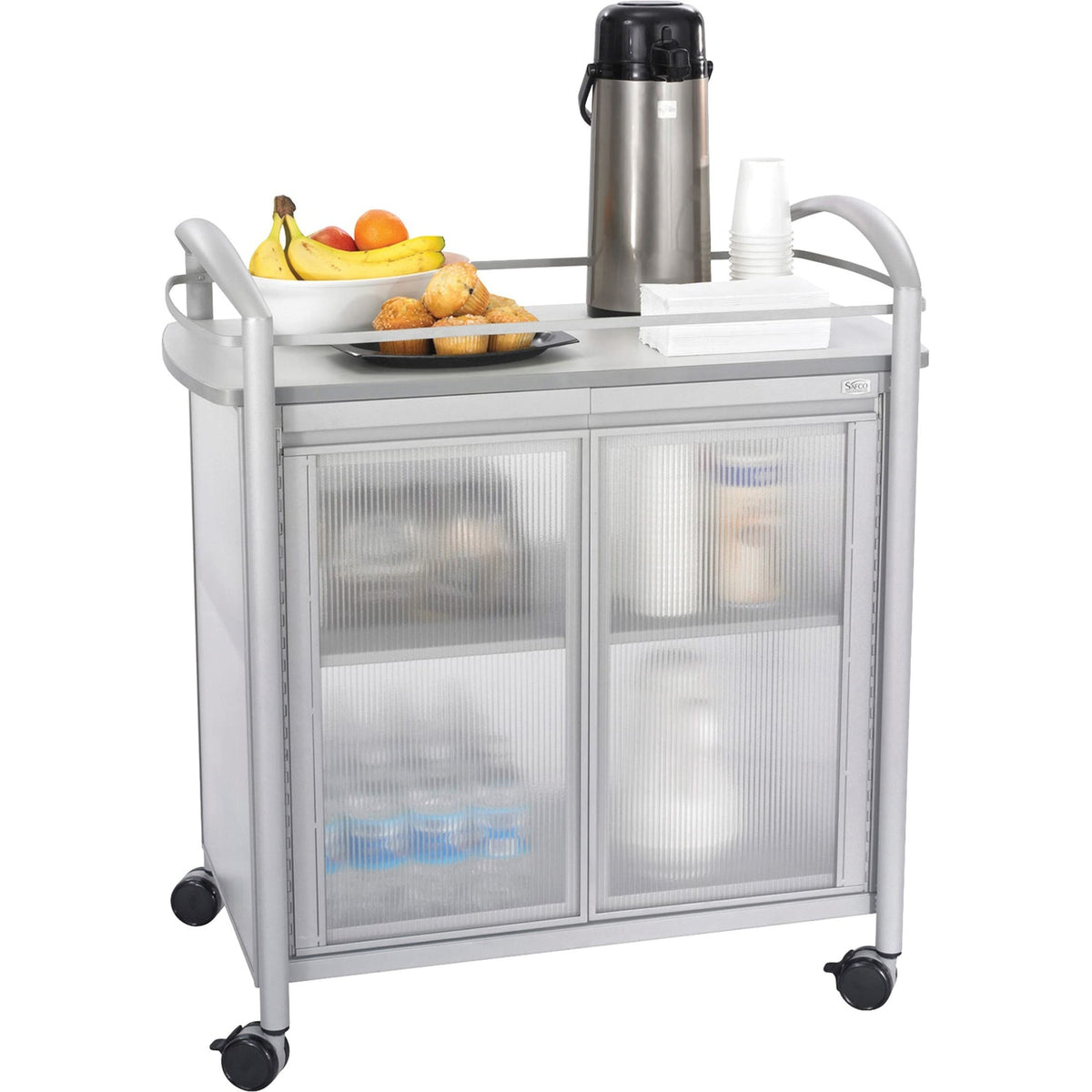 Gray Refreshment Cart with Double Doors and Swivel Wheels Q565967