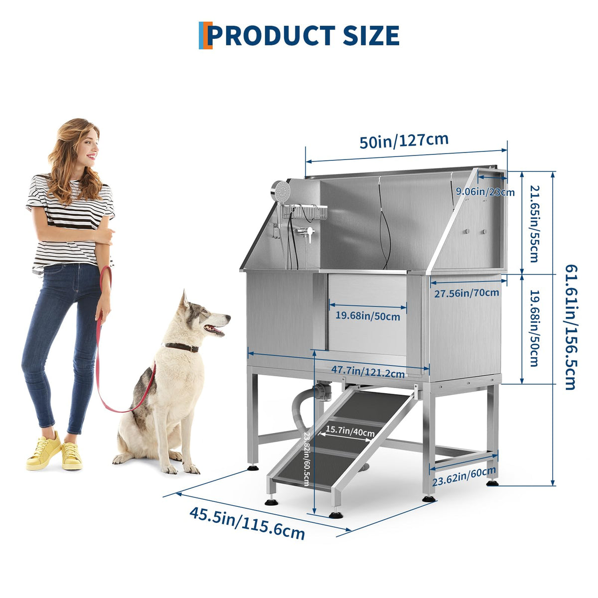 50" Stainless Steel Pet Bathing Tub with Sloped Ramp J369