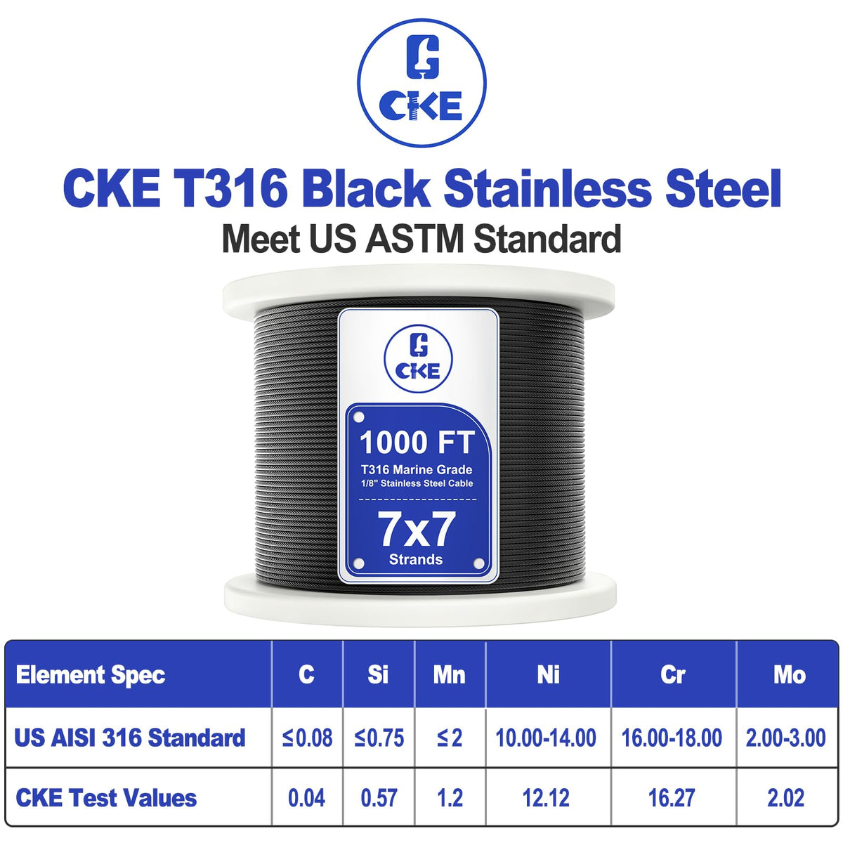 1000FT 1/8" Black T316 Stainless Steel Cable I879809