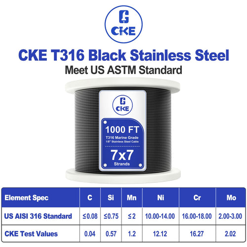 1000FT 1/8" Black T316 Stainless Steel Cable I879809