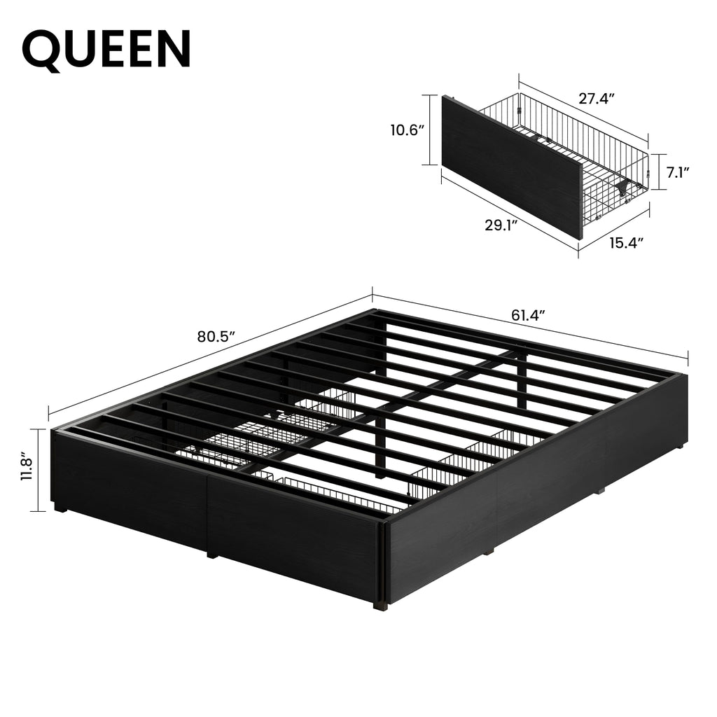 Queen Bed Frame with 4 Storage Drawers, Black L39192