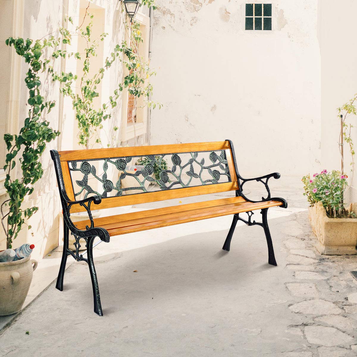 Outdoor Garden Bench with Rose Cast Backrest and Metal Legs S431