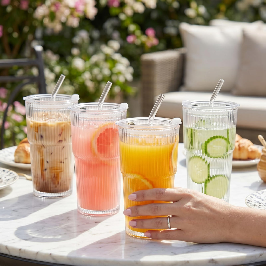 20oz Ribbed Glass Cups with Lids and Straws, Set of 4 Z3207