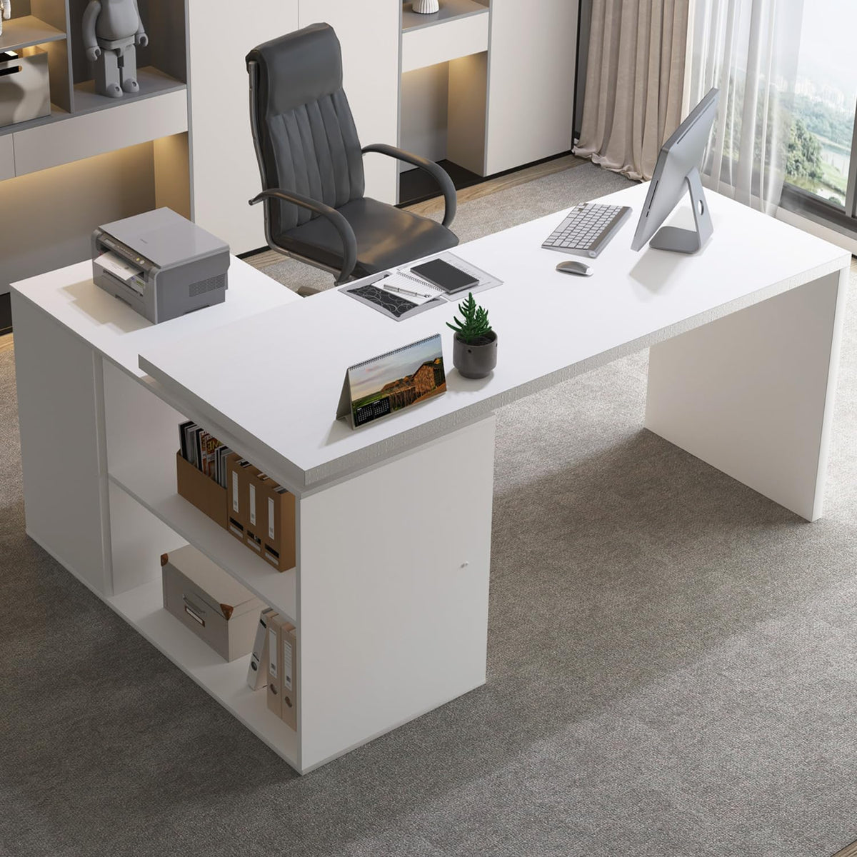 White L Shaped Corner Desk with 3 Drawers 55 inch K652907