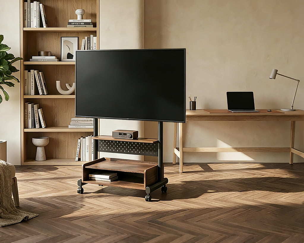 Rolling TV Floor Stand for 40-85in TVs, Height-Adjustable, Walnut T983