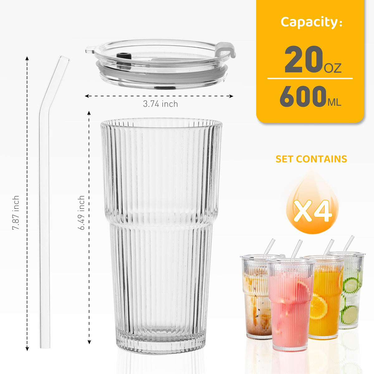 20oz Ribbed Glass Cups with Lids and Straws, Set of 4 Z3207