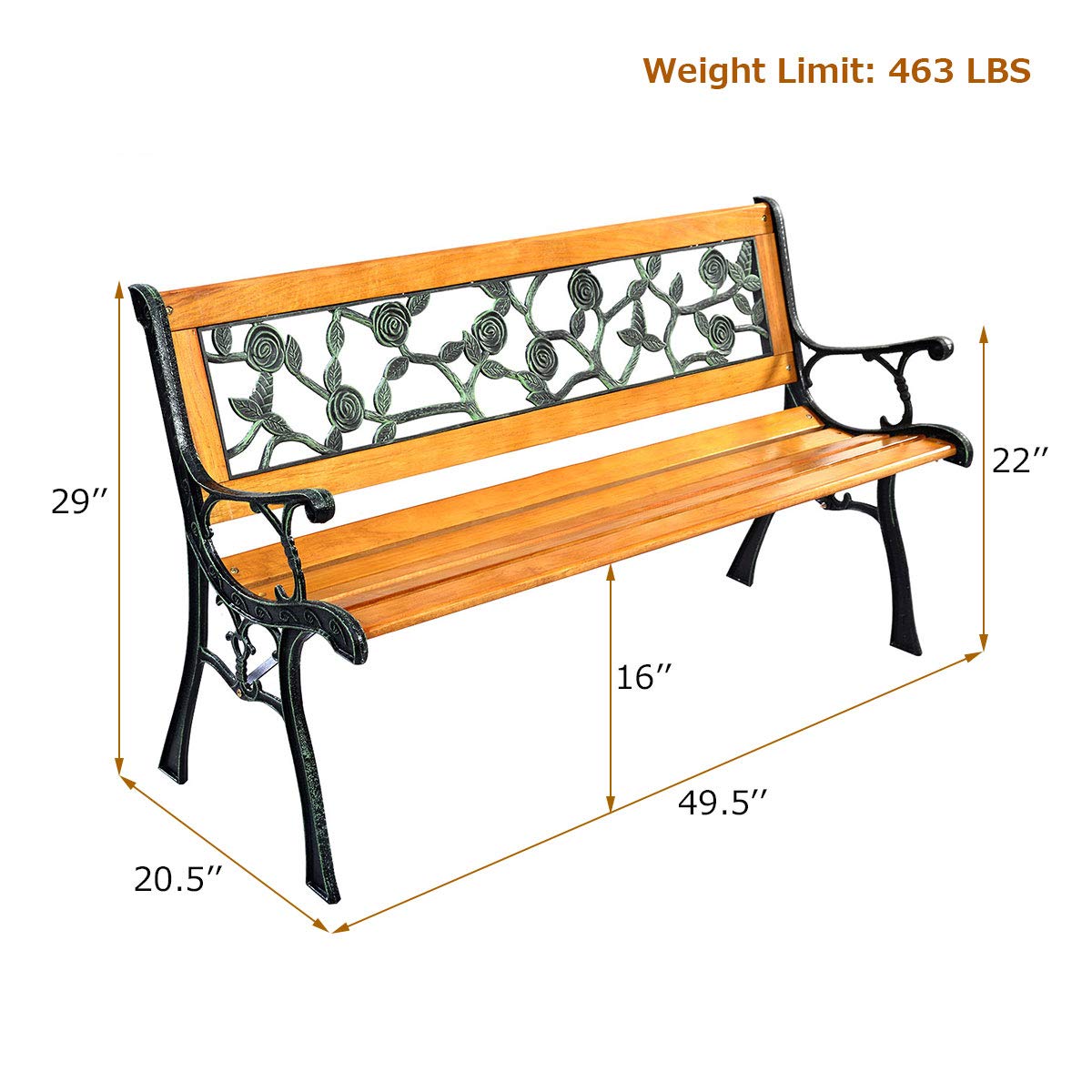 Outdoor Garden Bench with Rose Cast Backrest and Metal Legs S431