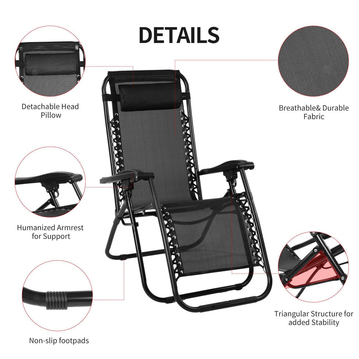 Black Adjustable Steel Mesh Zero Gravity Lounge Chair with Pillow and Cup Holder G626