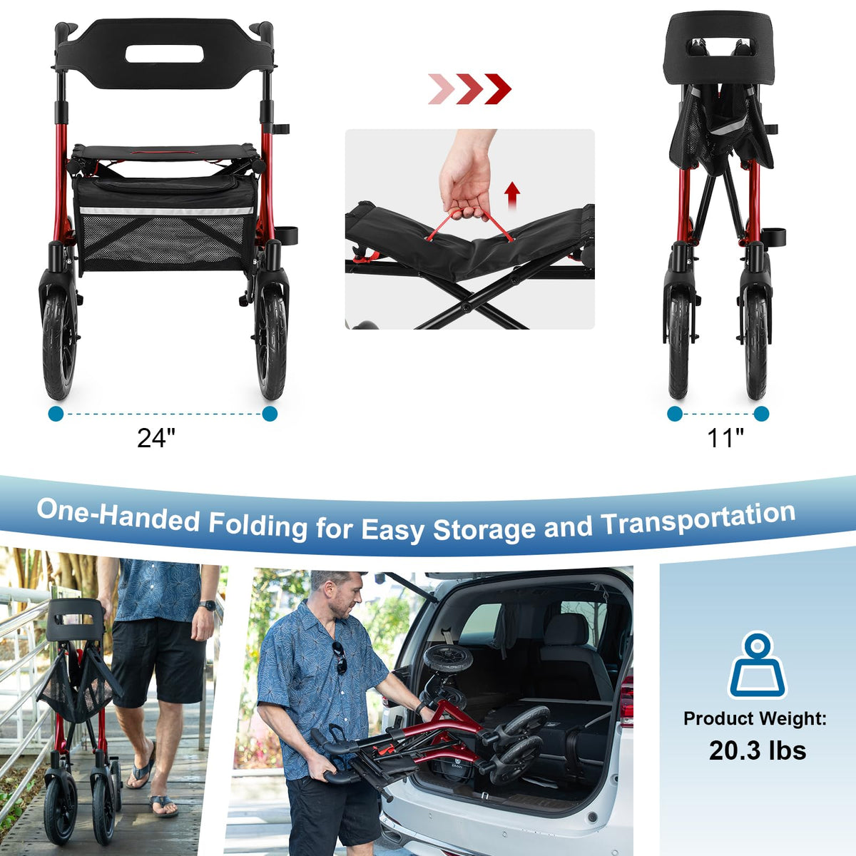 Red All Terrain Wheeled Walker with Seat C4163