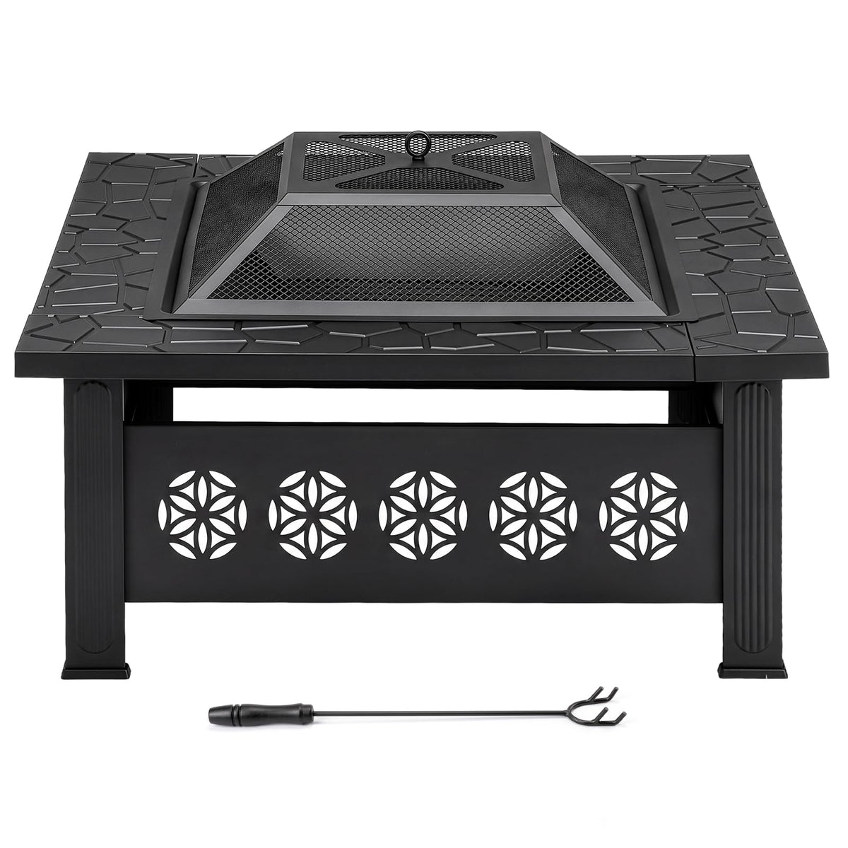 32 Inch Square Wood Burning Fire Pit Table with Spark Screen Lid and Fire Poker Z5469