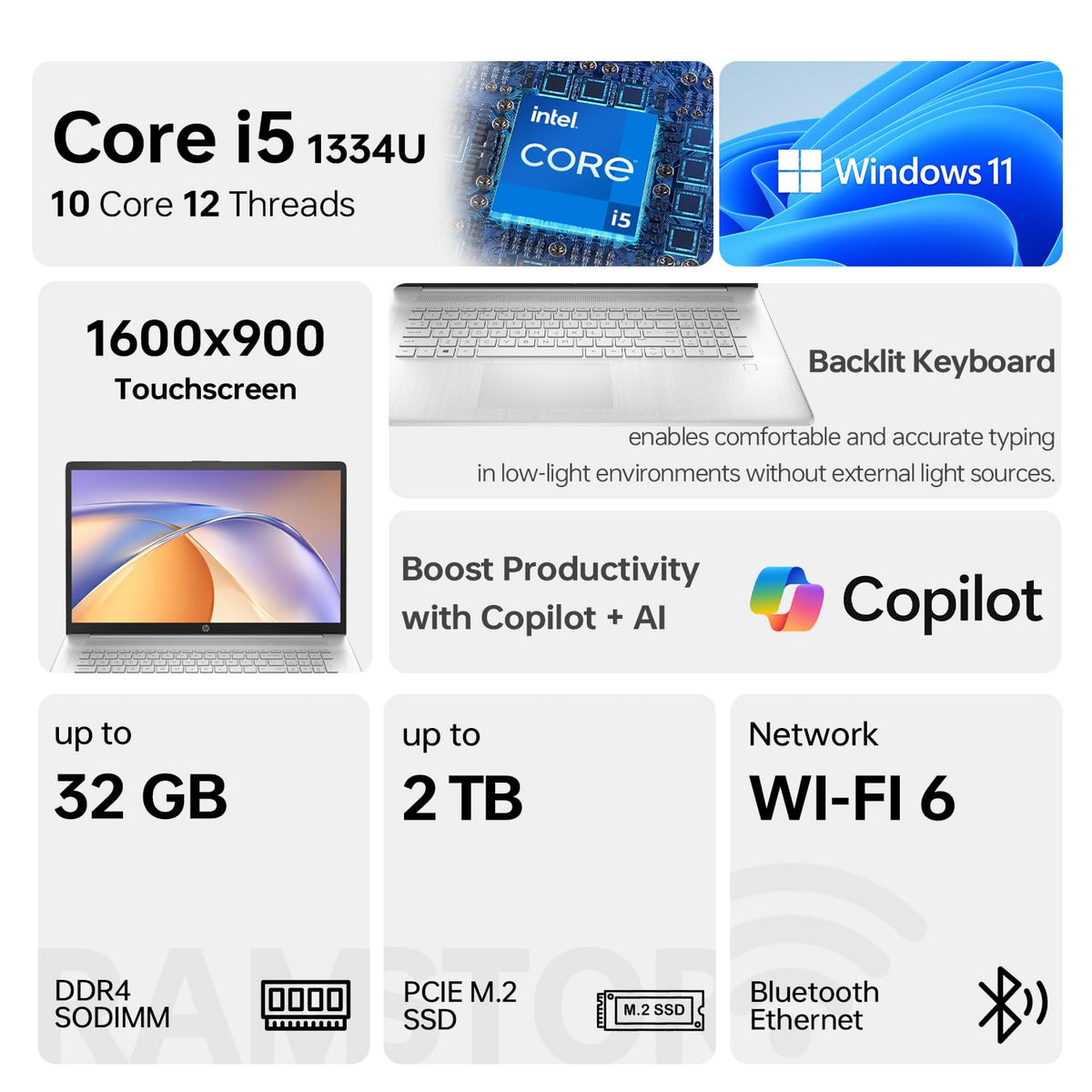 17.3" HD+ Touchscreen Laptop, Intel Core i5, 32GB RAM, 1TB SSD, Silver J41021