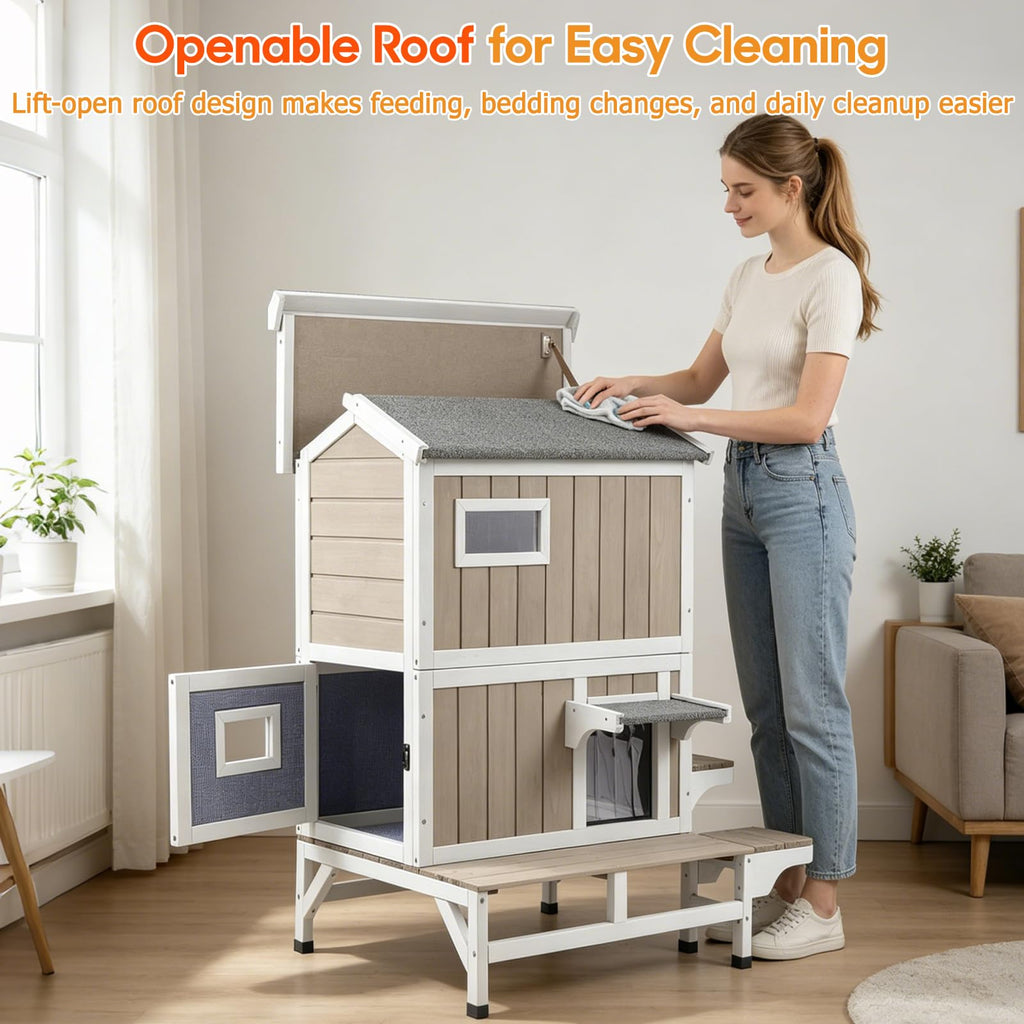 Insulated Outdoor Cat House 2-Story Wooden Shelter A35758