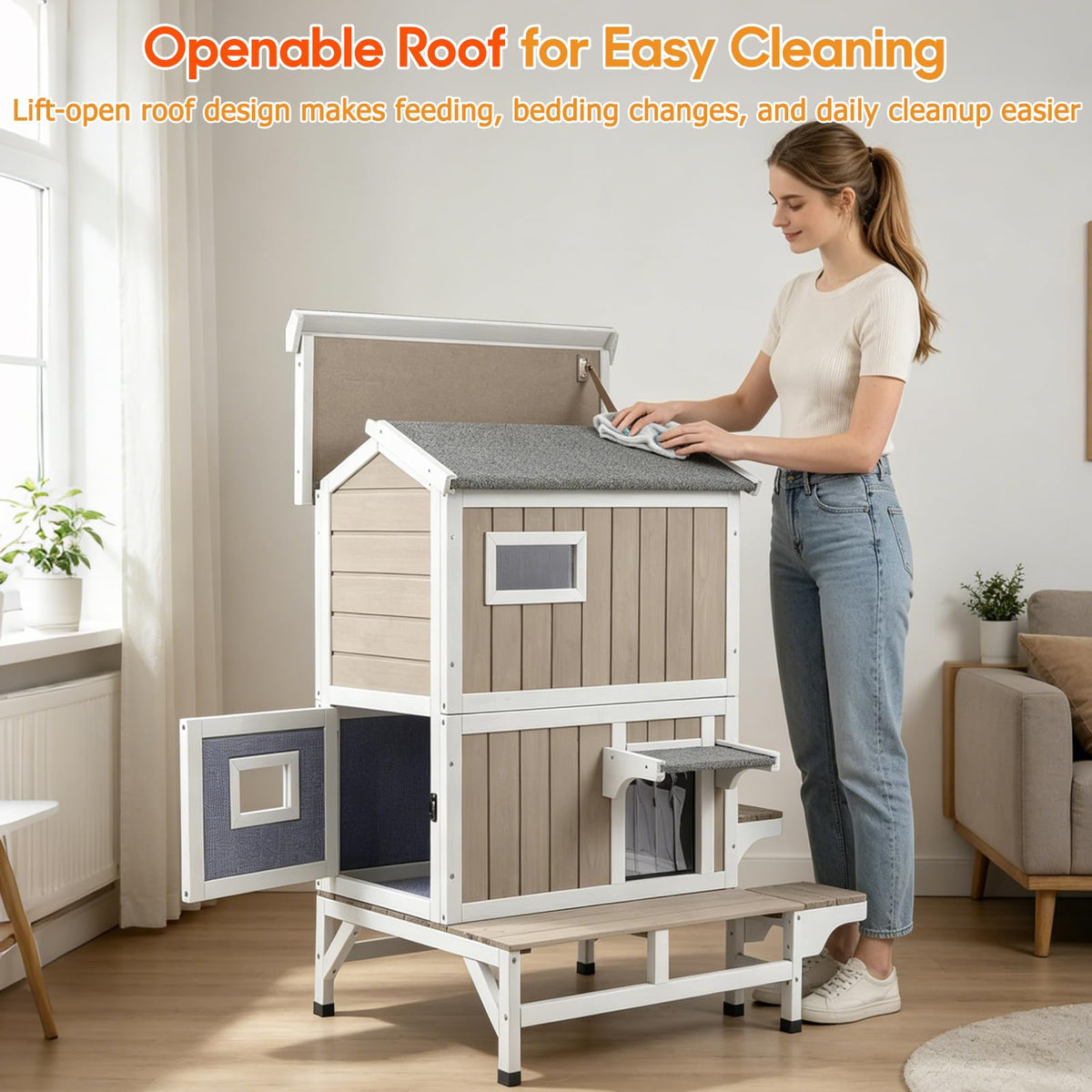 Insulated Outdoor Cat House 2-Story Wooden Shelter A35758