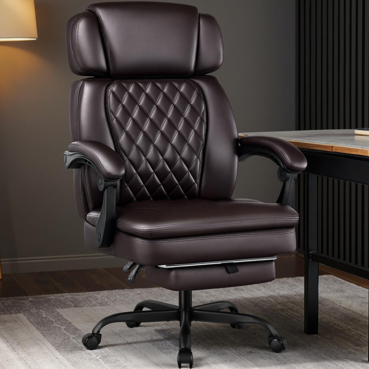 Brown 400lbs Ergonomic PU Leather Office Chair with Foot Rest N964