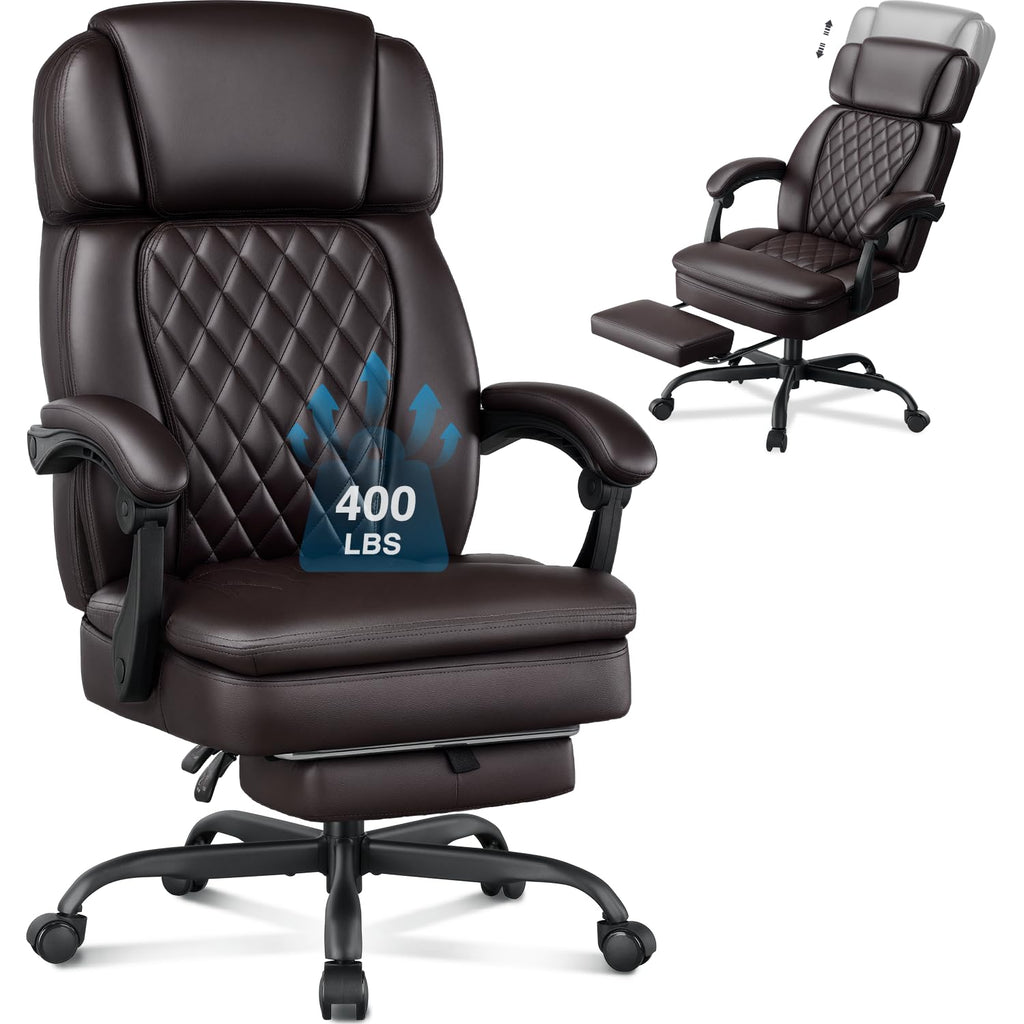 Brown 400lbs Ergonomic PU Leather Office Chair with Foot Rest N964