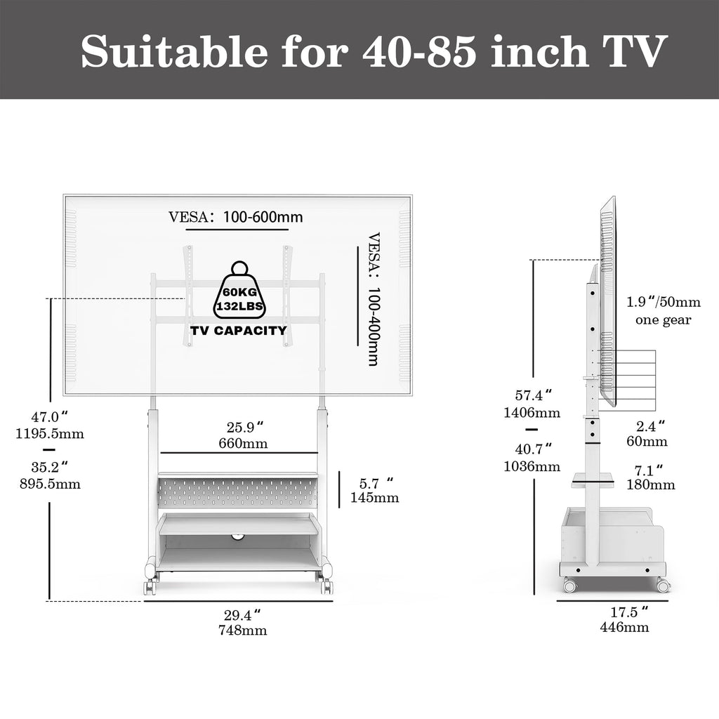 Rolling TV Floor Stand for 40-85in TVs, Height-Adjustable, Walnut T983