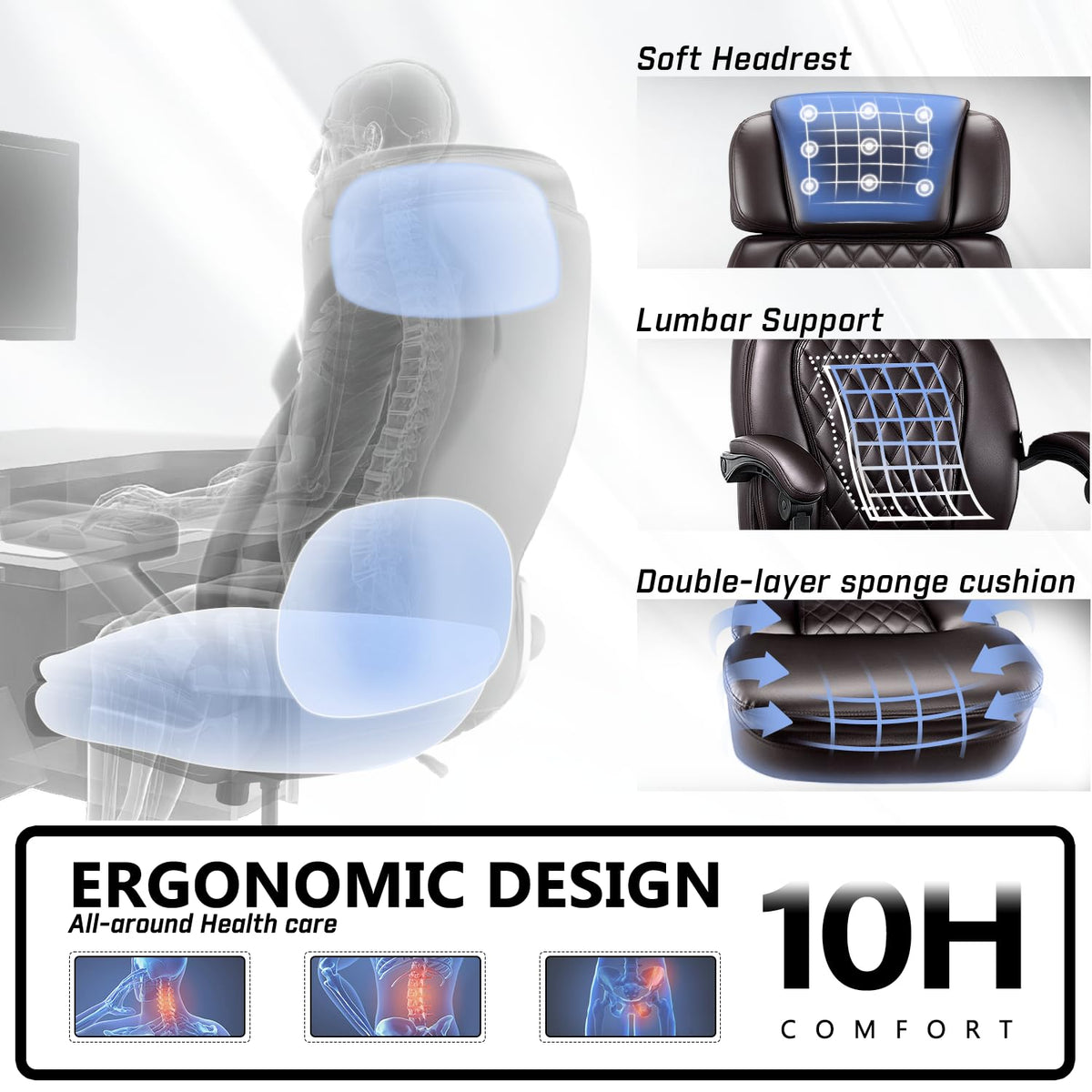 Brown 400lbs Ergonomic PU Leather Office Chair with Foot Rest N964
