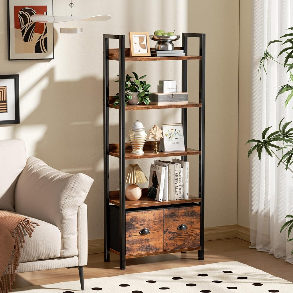 5-Tier Tall Bookshelf with 2 Fabric Drawers P413