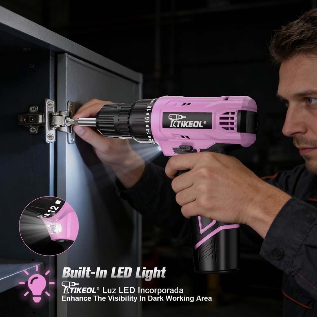 12V Cordless Drill Set with Battery & Charger, 180 In-lbs Torque, 3/8" Keyless Chuck, Pink Y20678