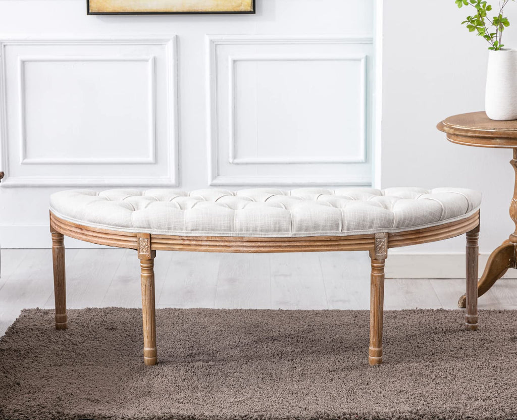 55" Upholstered Tufted Fabric Bench with Rubber Wood Legs, Beige T236433