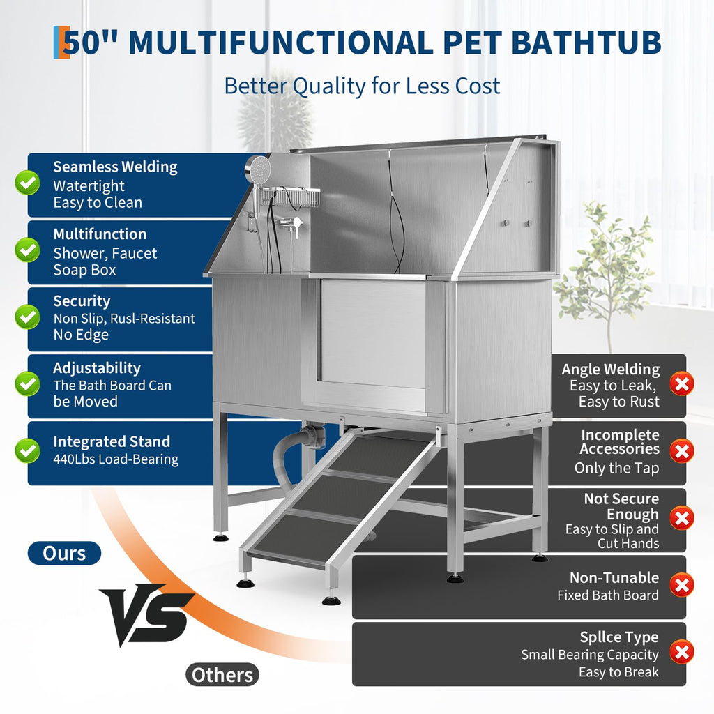 50" Stainless Steel Pet Bathing Tub with Sloped Ramp J369