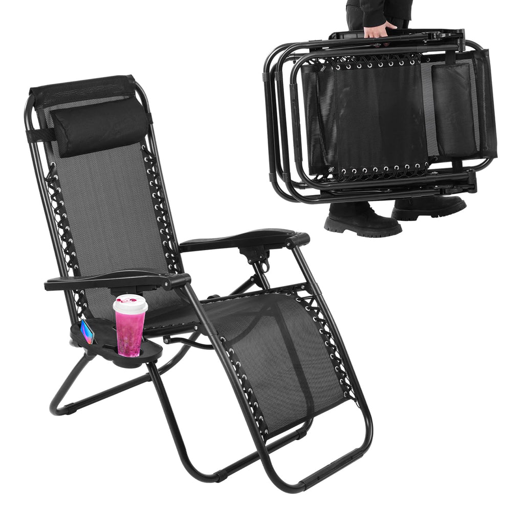 Black Adjustable Steel Mesh Zero Gravity Lounge Chair with Pillow and Cup Holder G626