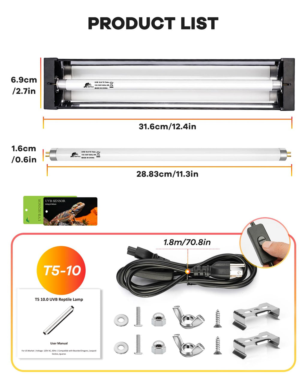 8W T5 UVB Reptile Light Fixture Combo Kit C9107