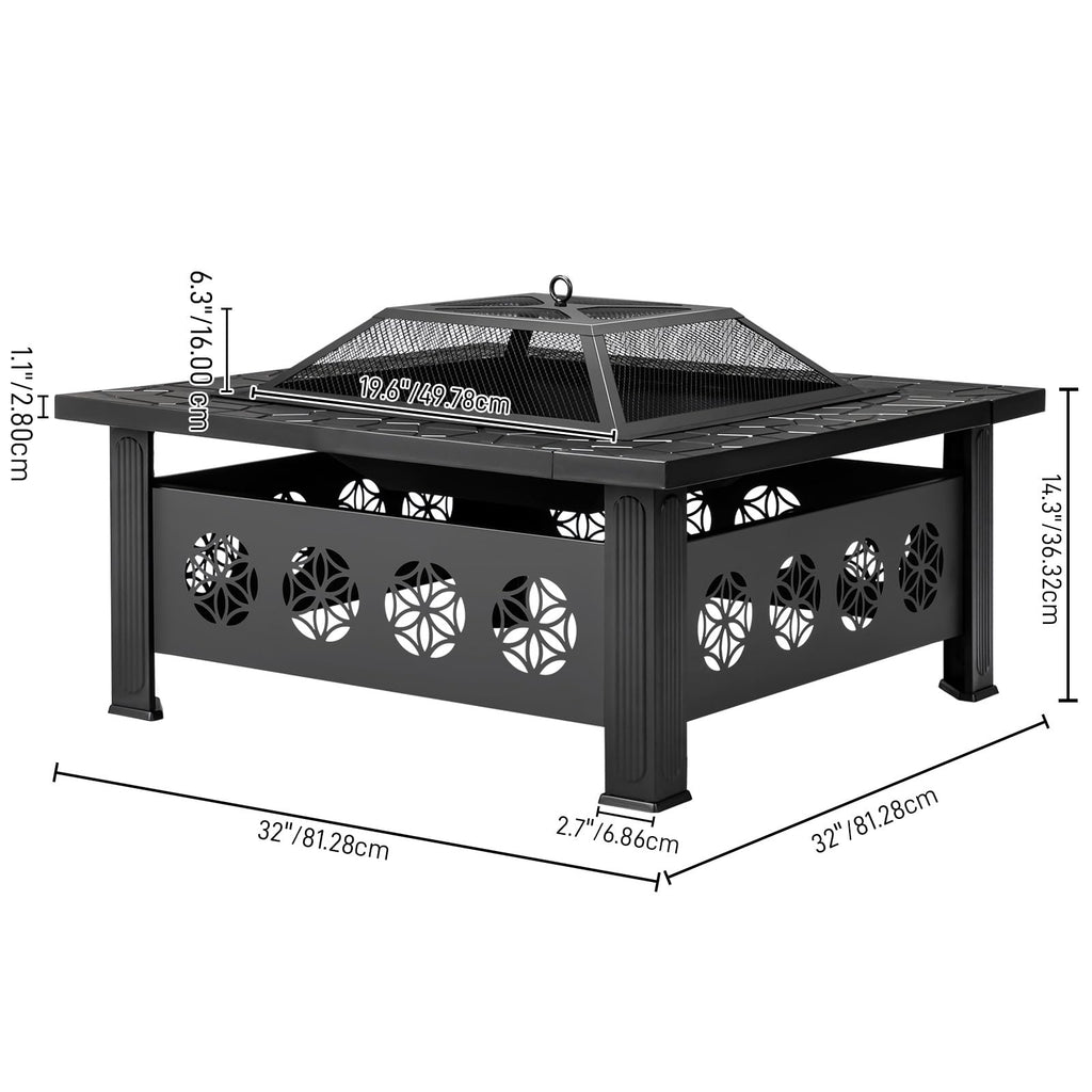32 Inch Square Wood Burning Fire Pit Table with Spark Screen Lid and Fire Poker Z5469