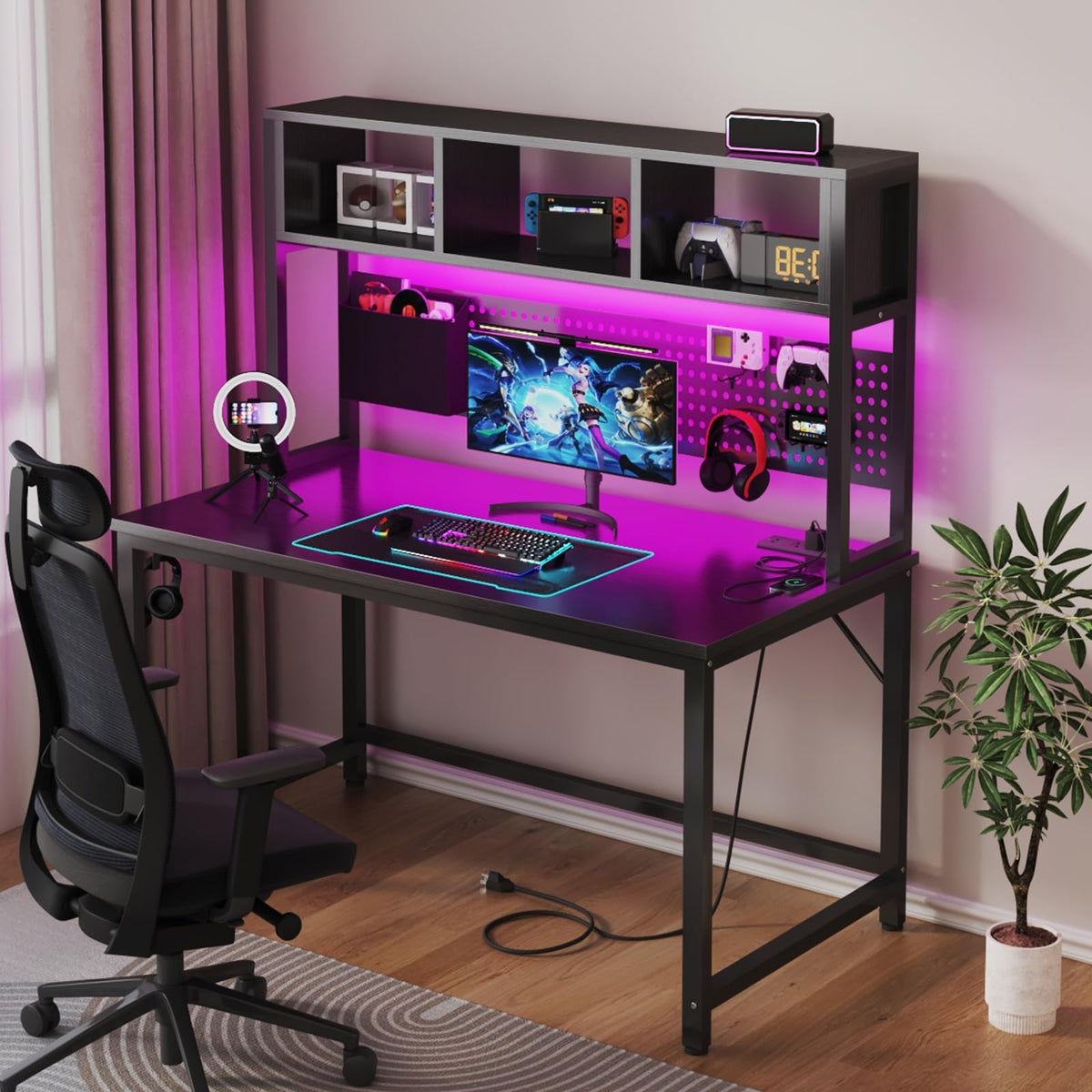 Black 47 Inch Gaming Desk with Hutch and Pegboard I518812