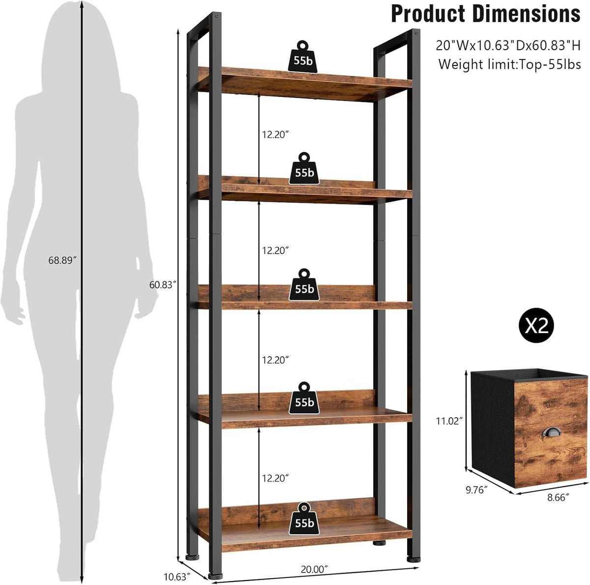 5-Tier Tall Bookshelf with 2 Fabric Drawers P413