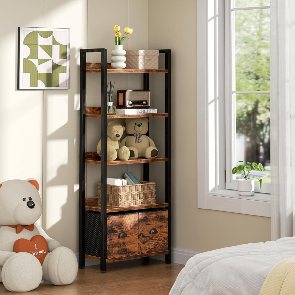 5-Tier Tall Bookshelf with 2 Fabric Drawers P413